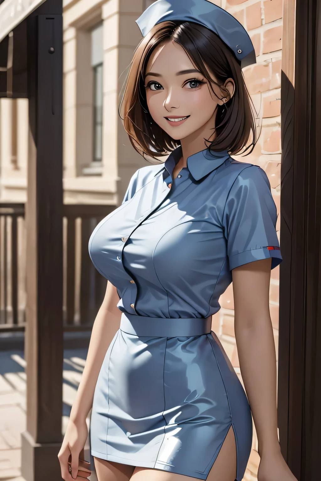 (One girl), (middle aged), (Sexy shiny nurse top and tight mini skirt), Nurse cap, grin, masterpiece, Brunette Bob, (Large Breasts), (very tanned and shiny skin),  photoRealistic, Realistic, alone, photoRealistic, Highest quality, Ultra-high resolution, Outdoor, colorful, Lips parted, Daytime setting, beautiful, (masterpiece, Highest quality, Very detailed顔, Perfect lighting, Ultra-high resolution, Very detailed) 