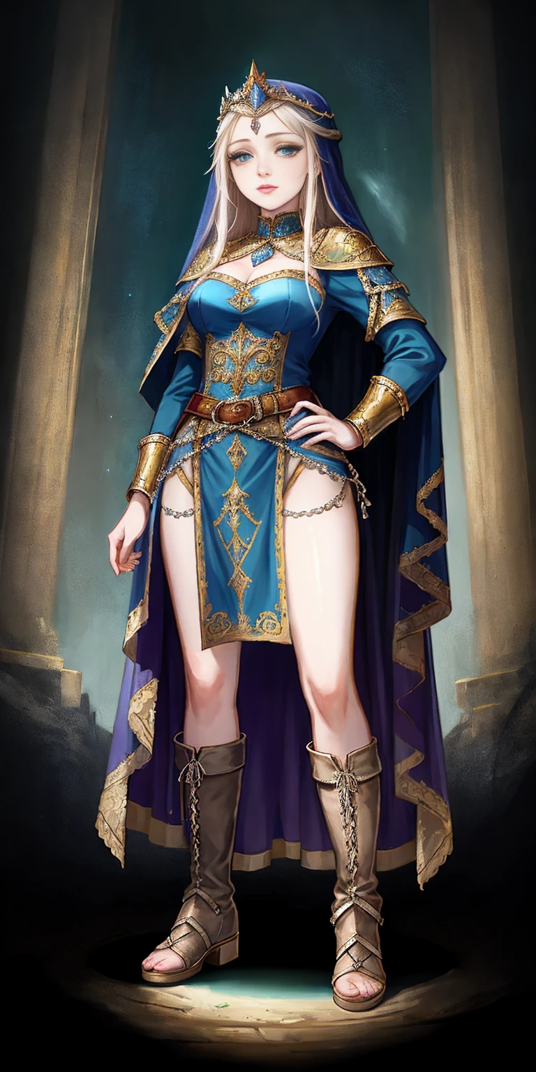 full body of a woman in a dress with a veil, feet together, standing feet together, military boots, beautiful fantasy maiden slave warrior, beautiful fantasy art portrait, fantasy victorian art, medieval fantasy art, beautiful and elegant queen, portrait of queen of light, fantasy portrait art, gothic fantasy art, a beautiful fantasy empress ((white background)) hands on hip