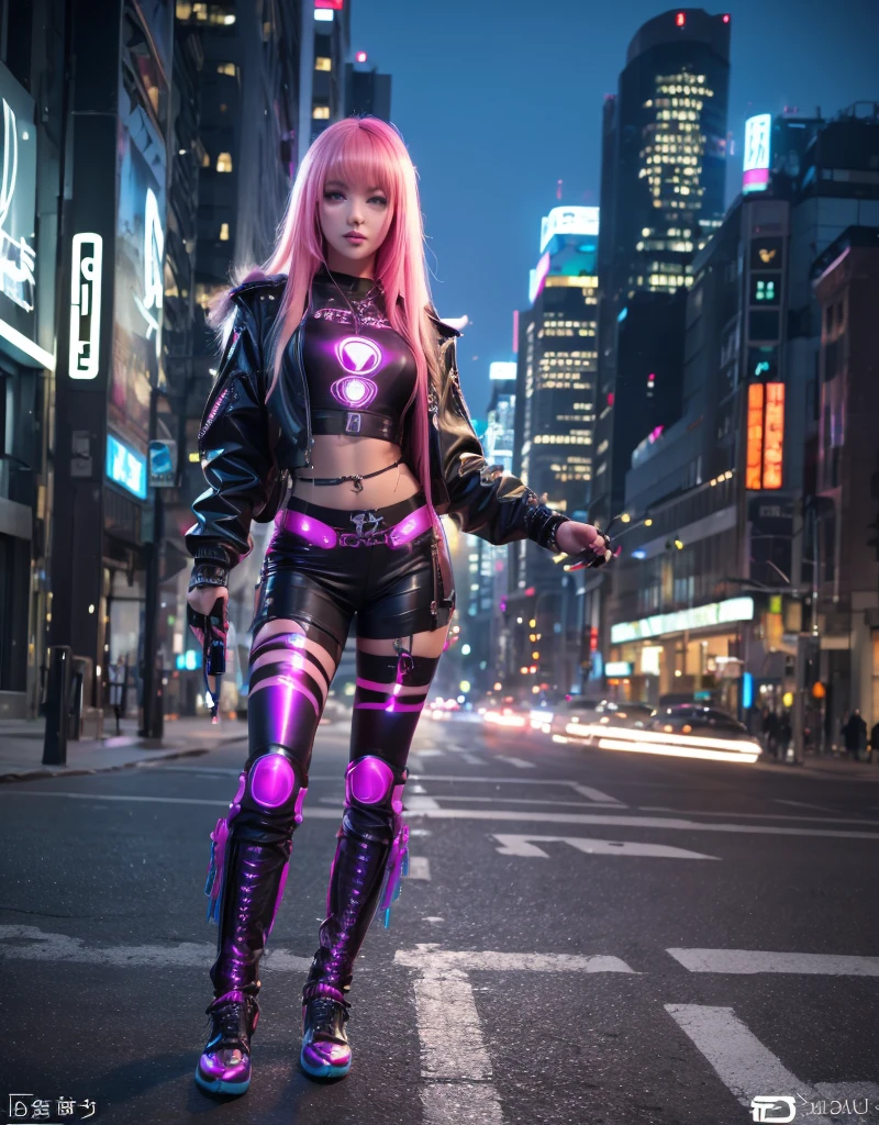 (Best quality,4K,8K,A high resolution,Masterpiece:1.2),Ultra-detailed,(Realistic,Photorealistic,photo-realistic:1.37),Cyberpunk Girl, wearing a holographic goddess outfit, Futuristic cyberpunk city landscape, Pink hair, night time ,mysterious, Vibrant colors,which stands on the street, cyber goth boots, cool cyber headphone, Science fiction elements, urban chic, with long straight hair