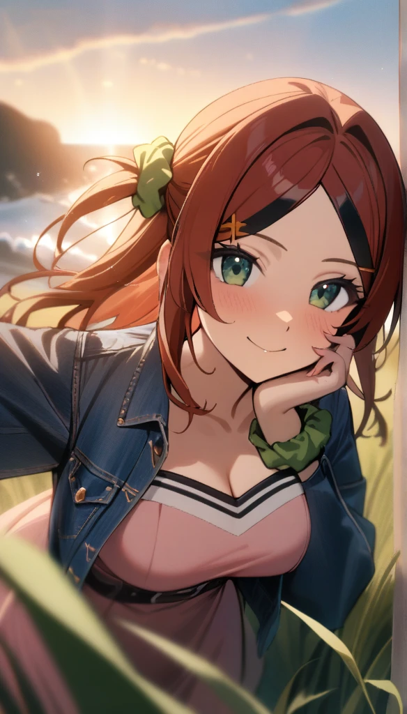 1girl, sakimiya iruka, dolphin wave, green eyes, red hair, one side up, hair ornament, green scrunchie,
pink dress, denim jacket, hand on own cheek, smile, sunrise, grass, wind,
masterpiece, best quality, very aesthetic, newest, cinematic lighting, highres, absurdres, incredibly absurdres 