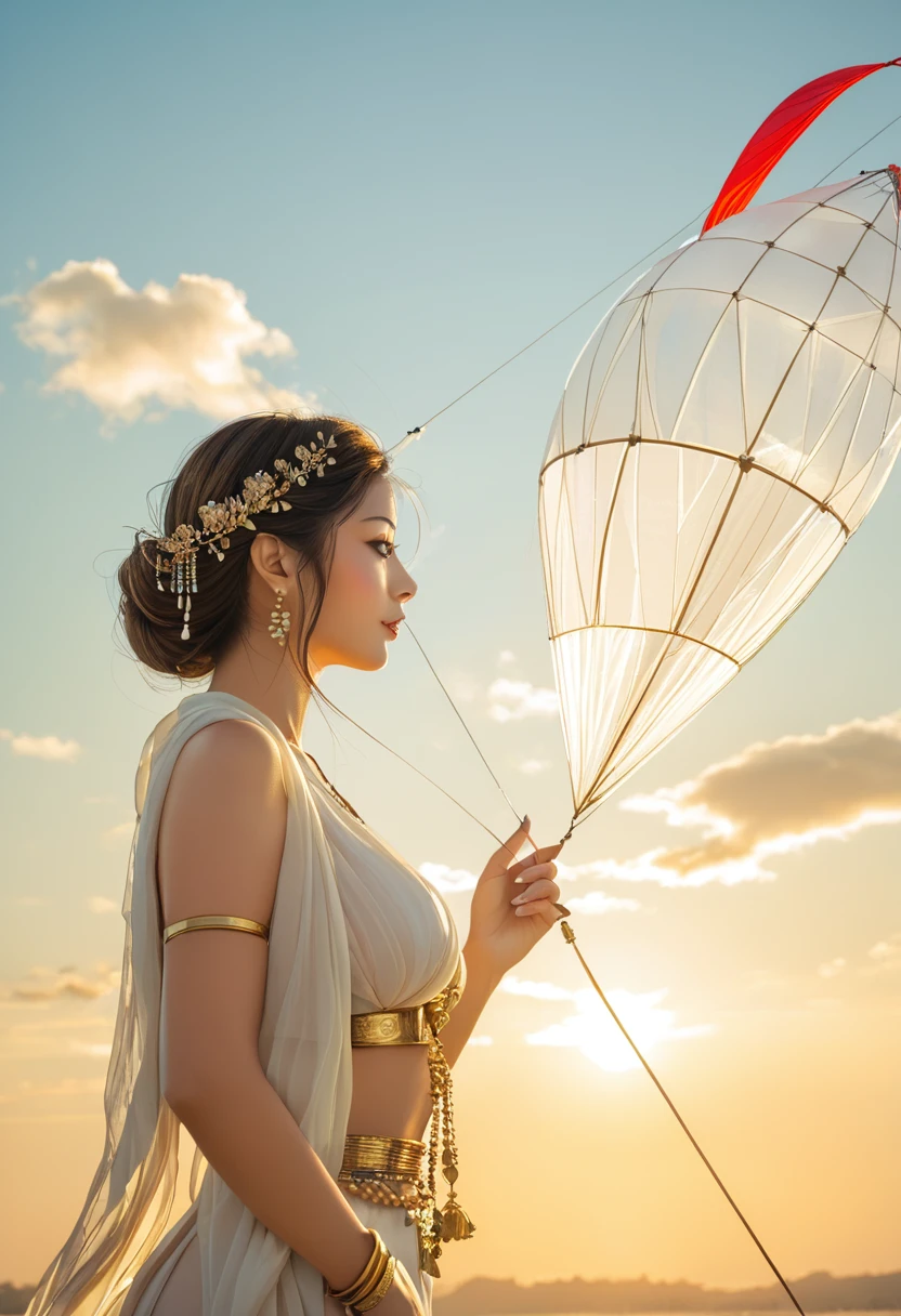 Beautiful details of the Goddess of Abundance、Wearing a long toga、Kite&#39;s Wing、Has horns and a sun disk on its head、Intricately decorated headdresysterious and shining aura、Fantastic landscape background、Cinematic lighting、Dramatic Shadows、grow、Very detailed、8k、Photorealistic、masterpiece