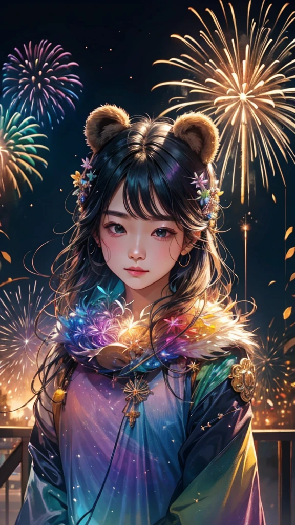 Rainbow colorsの子Bear、Bear、親子Bear、子Bear、Bear、子Bearたちに囲まれて、Mysterious Landscape、firework、firework大会、Rainbow colorsのfireworkが打ちあがっている瞬間、夜nullとともに、幻想的な海景色で壮大なfirework、future都市、Highest quality、masterpiece, (Diffuse reflection of light:1.2), When the fantastic rainbow turns into shadow, bathed in a mystical atmosphere.子Bearたちも見ています, Cast magic spells. evoke a sense of wonder and awe. A fusion of natural grandeur and magic, Weaving dreams into reality. Behold, null, And the unknown, Fleeting、And an eternal moment, 16K, Ultra-high resolution.Realistic, Ultra-high resolution, to be born,future、Rainbow colorsに光り輝く、Rainbow colors、The world 30 years from now。