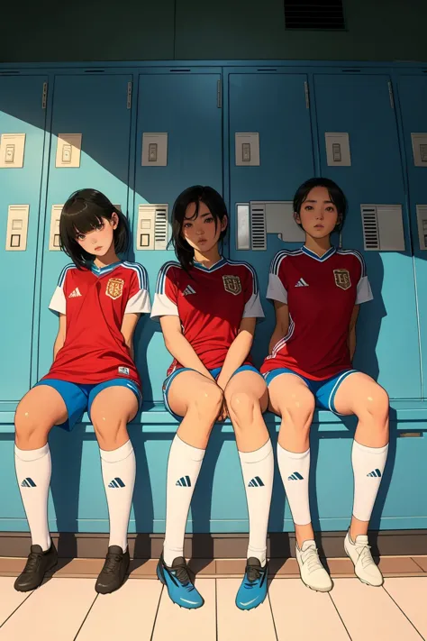 Group of girls, in locker room, Soccer uniform, fullbody shot, sitting on benches, sweaty