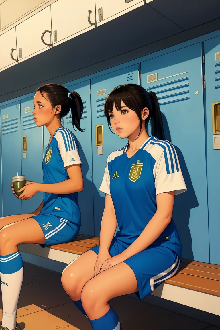 Group of girls, in locker room, Soccer uniform, fullbody shot, sitting on benches, sweaty