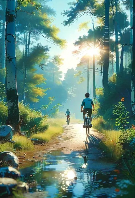 (bike: 1.5), (realistic bike: 1.5), (realistic cyclist: 1.5), cyclist back in foreground, lofi landscape, nature, sun, forest, c...