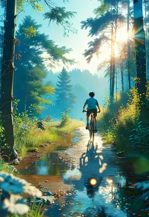 (bike: 1.5), (realistic bike: 1.5), (realistic cyclist: 1.5), cyclist back in foreground, lofi landscape, nature, sun, forest, c...