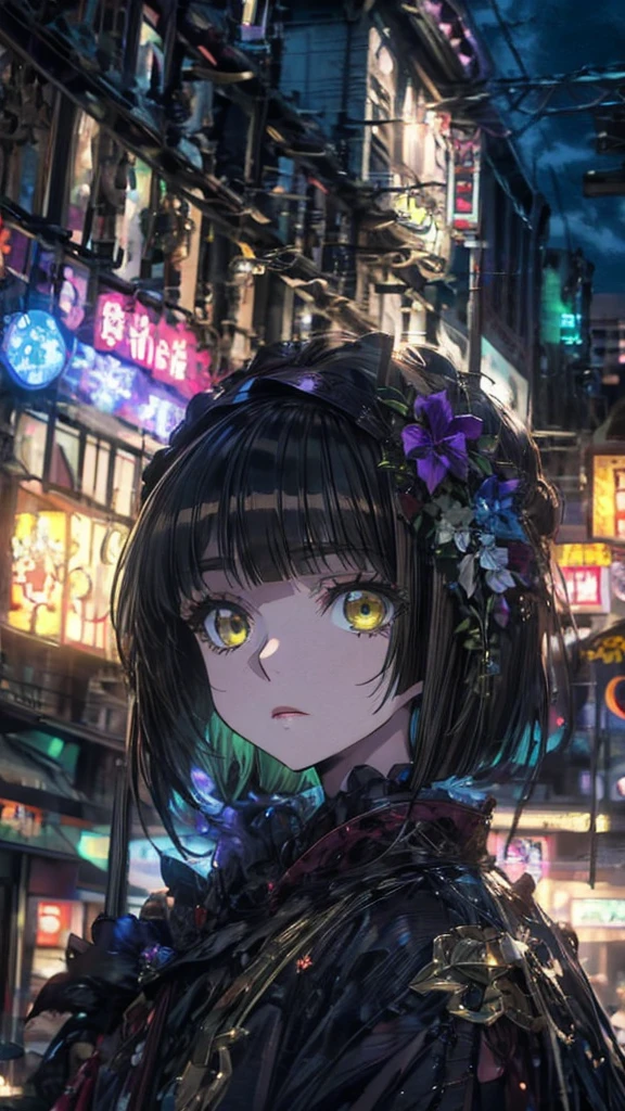 (Highest quality),(masterpiece), 8k,Very detailed, Detailed light, Best Shadow,Detailed reflective eyes, Beautiful Eyes, Very detailedな顔,Shiny Hair,One person,Gloss,semi-long,Black Hair,Iris,enchanting,Expressionless,Quiet anger,full moon,hair ornaments,whole body,front,On a journey to another world led by the moon,my,Mio,fan,looking at the camera,darkness,face is dirty for painting,Dynamic Angle,