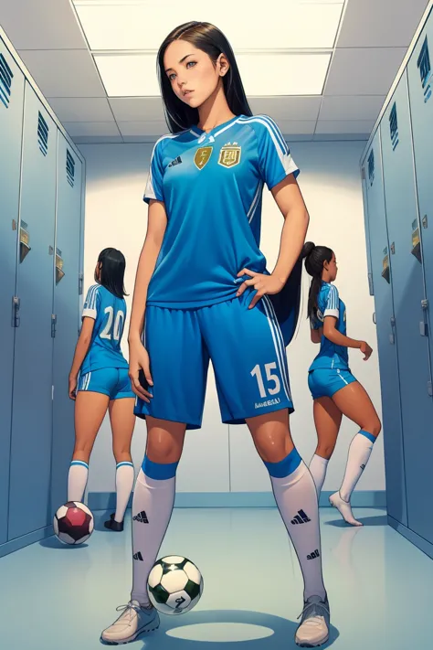 Group of girls, in locker room, Soccer uniform, fullbody shot, undressing, sweaty