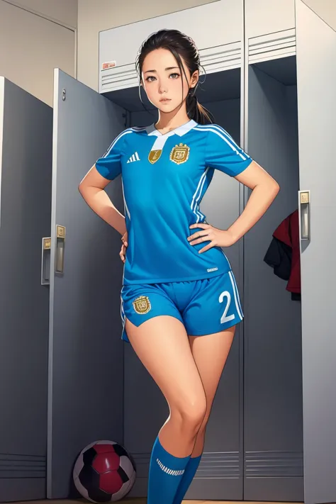 Group of girls, in locker room, Soccer uniform, fullbody shot, undressing, sweaty