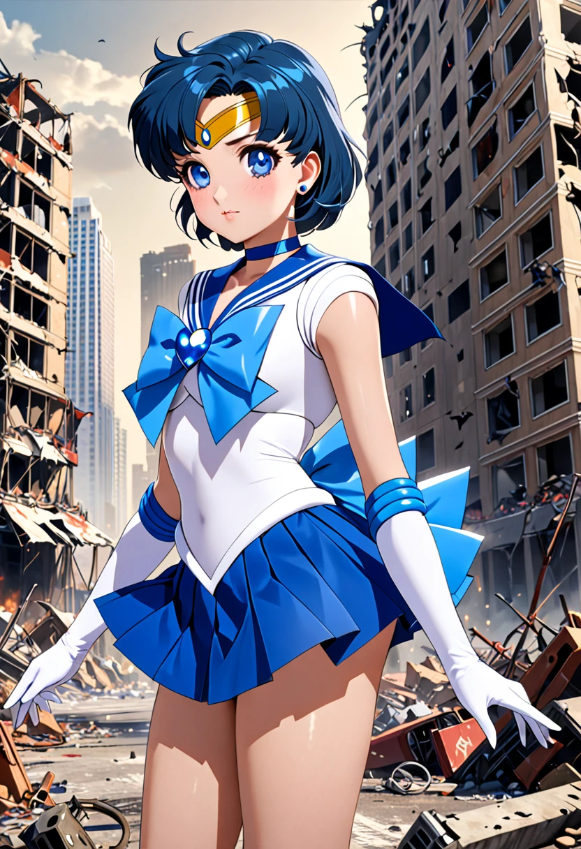 masterpiece, Highest quality, High resolution, Venus 1, One Girl, alone, Sailor Warrior Uniforms, Sailor Mercury, Mizuno Ami, Blue Hair, Magical girl, blue eyes, Blue Skirt, - Elbow hand pockets, tiara, Pleated skirt, Hair Ribbon, Blue sailor collar, mini skirt, choker, blue choker, White gloves, short hair, jewelry, Earrings, Cowboy Shot,More detailed 8K.Unreal Engine:1.4,超High resolution,La Highest quality:1.4, Realistic:1.4, Skin Texture:1.4, masterpiece:1.8,first work, Highest quality,Object Object], (Detailed facial features:1.3),(Great hands:1.4),(Apocalyptic destroyed cityscape:1.4),skirt lift,Camel toe