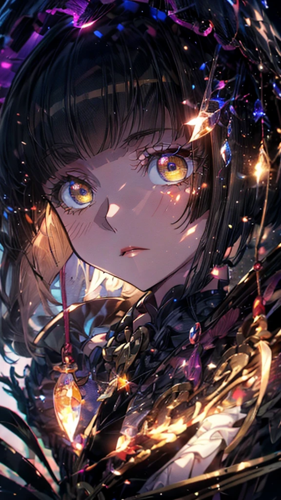 (Highest quality),(masterpiece), 8k,Very detailed, Detailed light, Best Shadow,Detailed reflective eyes, Beautiful Eyes, Very detailedな顔,Shiny Hair,One person,Gloss,semi-long,Black Hair,Iris,enchanting,Expressionless,Quiet anger,full moon,hair ornaments,whole body,front,On a journey to another world led by the moon,my,Mio,fan,looking at the camera,darkness,face is dirty for painting,Dynamic Angle,