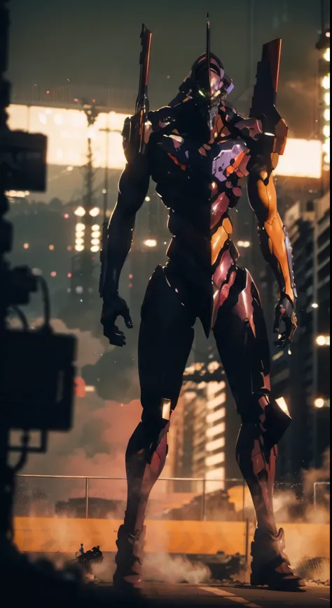 a highly detailed and realistic full-body portrait of Eva 01, an anime mecha character, walking among futuristic buildings, dramatic lighting, cinematic composition, volumetric fog, intricate mechanical details, dynamic pose, gleaming metallic textures, neon-lit cityscape background, hyper-detailed, 8K, photorealistic