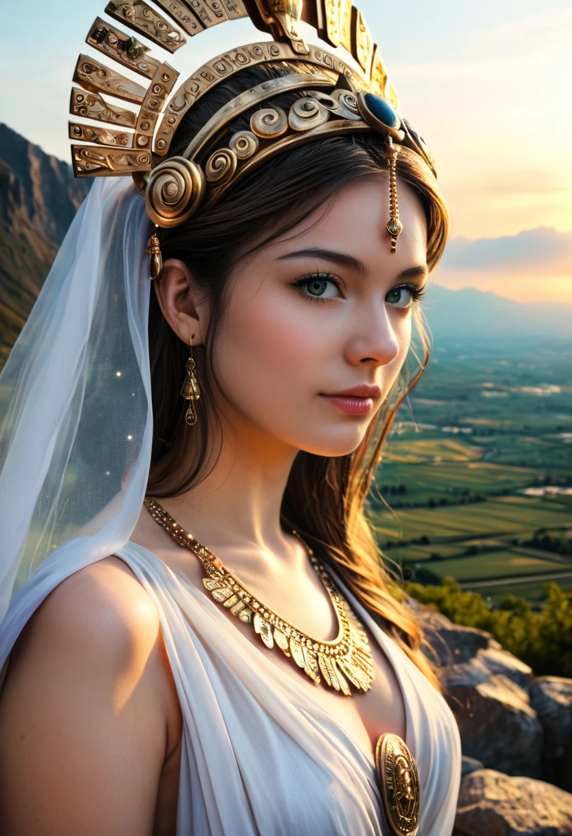 Beautiful details of the Goddess of Abundance, wearing a long toga, intricately decorated headdress, ethereal glowing aura, fantastical landscape background, cinematic lighting, dramatic shadows, epic, highly detailed, 8k, photorealistic, masterpiece