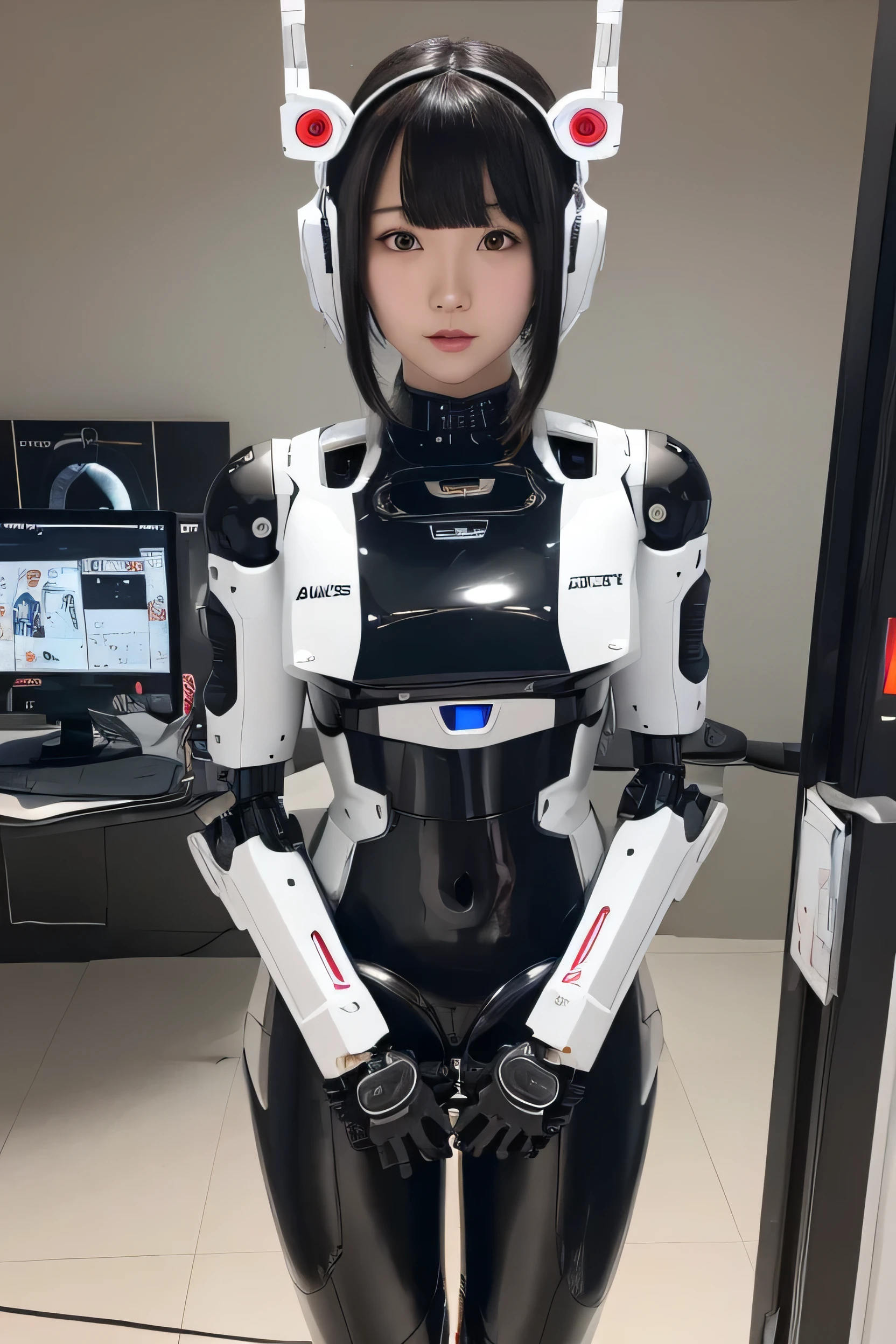 masterpiece, best quality, extremely detailed, Japaese Cyborg girl,Plump , control panels,android,Droid,Mechanical Hand, Robot arms and legs, Black Robot Parts,Black hair,Mechanical body,Blunt bangs,White robotics parts,perfect robot girl,long tube,thick cable connected her neck,ceramic body ,mechanical body, head antenna,short lod antenna on the head,mechanical ear cover, mechanical costume,android,robot,humanoid,cyborg,japanese android woman ,black leggings,mechanical chest,full eyes,future laboratory,connecting a cable between the legs,