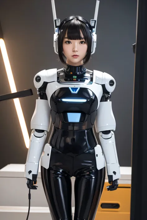 masterpiece, best quality, extremely detailed, Japaese Cyborg girl,Plump , control panels,android,Droid,Mechanical Hand, Robot arms and legs, Black Robot Parts,Black hair,Mechanical body,Blunt bangs,White robotics parts,perfect robot girl,long tube,thick cable connected her neck,ceramic body ,mechanical body, head antenna,short lod antenna on the head,mechanical ear cover, mechanical costume,android,robot,humanoid,cyborg,japanese android woman ,black leggings,mechanical chest,full eyes,future laboratory,connecting a cable between the legs,