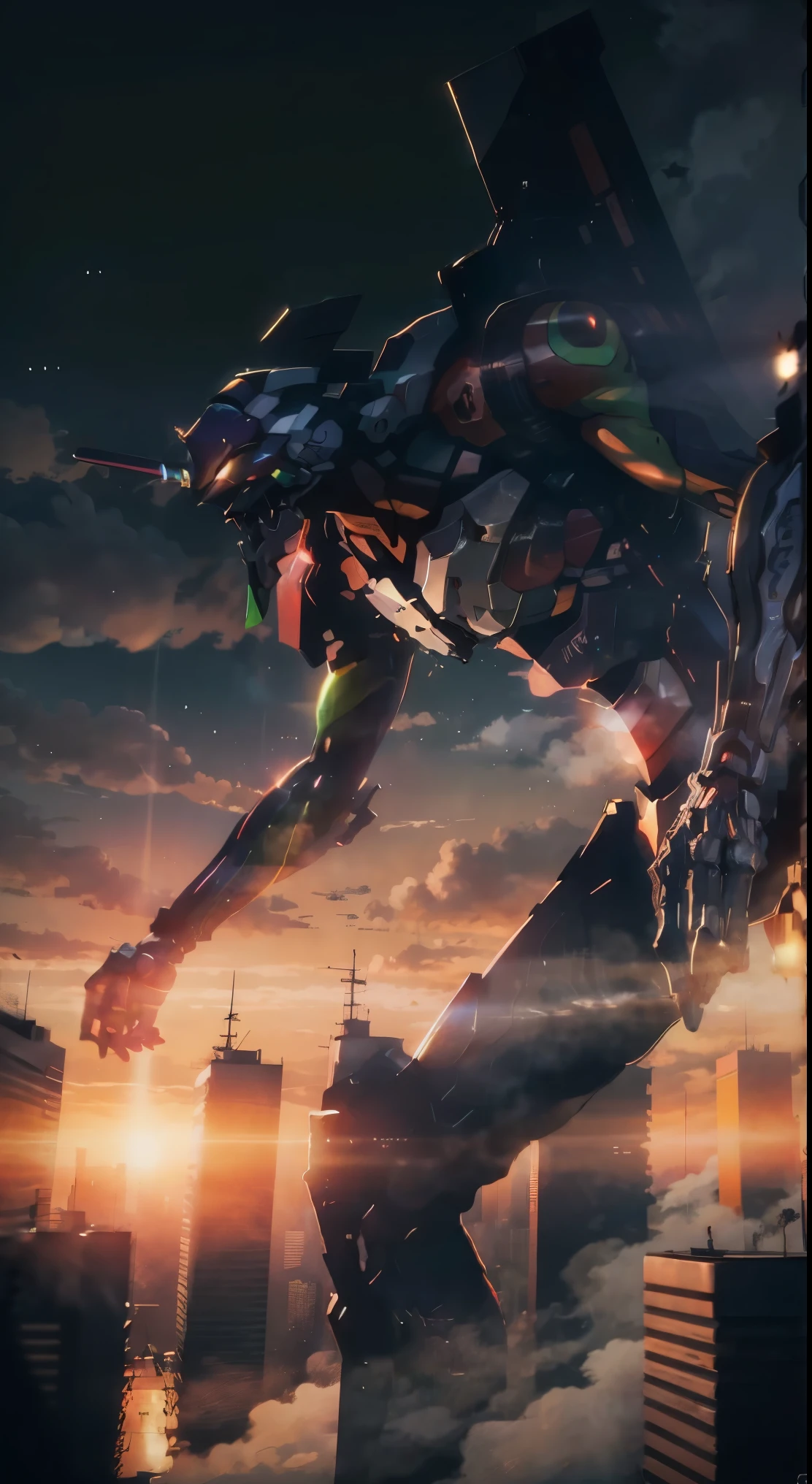 A highly detailed and realistic full body portrait of Eva 01, a biomechanical anime character, walking between Tokyo city buildings, dramatic lighting, cinematic composition, volumetric fog, intricate mechanical details, dynamic pose, shiny metallic textures, background neon-lit cityscape, hyper-detailed, 8K, photorealistic,Eva 01,realistic,full body,walking between buildings,view from below