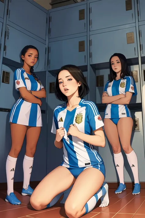 group of girls, in locker room, soccer uniform, fullbody shot, undressing, on their knees, lips parted, scared faces