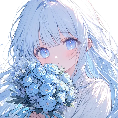 soft lines、girl、light blue、((((hold light blue bouquet))))、💐💐💐💐💐💐💐💐💐💐💐、upper body、long hair、white dress、white background、front、l...