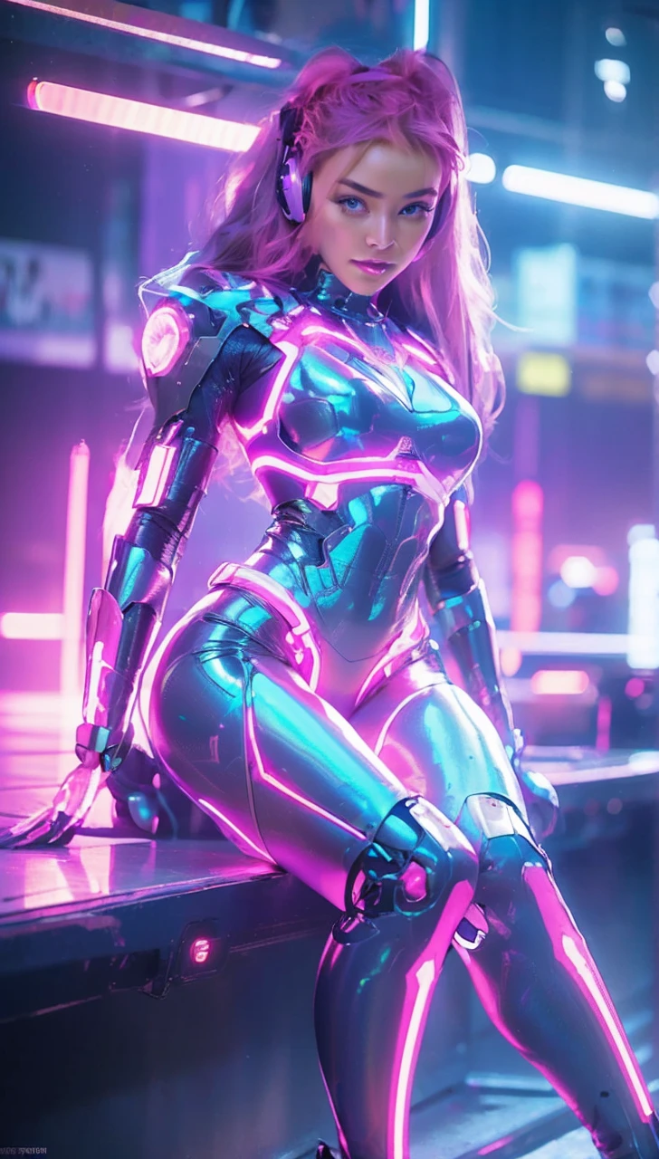 create a super beautiful photo of a medium built goddess, wearing a beautiful cyberounk outfit inspired with neon lights and with headphones and halo, gorgeous legs, cinematic effect, extremely detailed, with intricate details, shinny, expensive, glorious, photorealistic, hyper realistic, glowing skin, holograpic shine effect on skin, HD quality, 8k, half body shot, super long straight hair, cyberpunk futuristic city background, nicht time, whole body shot