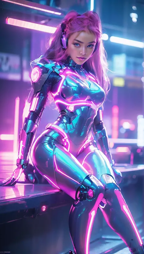 create a super beautiful photo of a medium built goddess, wearing a beautiful cyberounk outfit inspired with neon lights and wit...