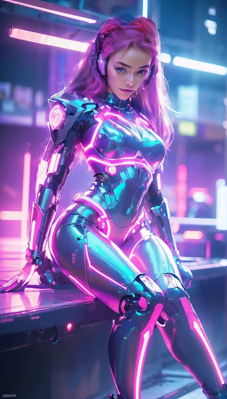 create a super beautiful photo of a medium built goddess, wearing a beautiful cyberounk outfit inspired with neon lights and with headphones and halo, gorgeous legs, cinematic effect, extremely detailed, with intricate details, shinny, expensive, glorious, photorealistic, hyper realistic, glowing skin, holograpic shine effect on skin, HD quality, 8k, half body shot, super long straight hair, cyberpunk futuristic city background, nicht time, whole body shot