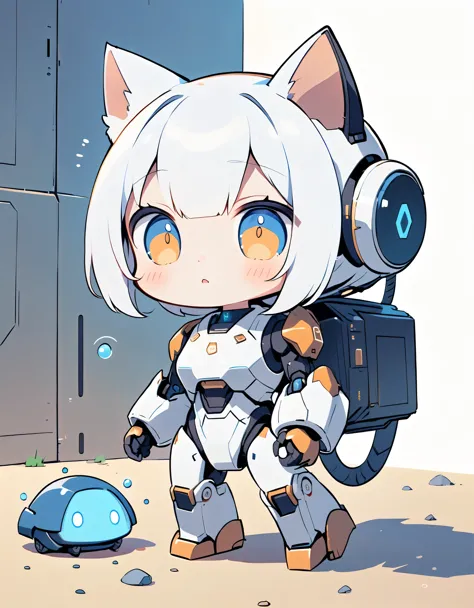 Fictional anime character illustration,Earless cat robot from the future,The robot helps the clumsy protagonist,The robot has a fourth-dimensional pocket,Blue and white body,Anime Style