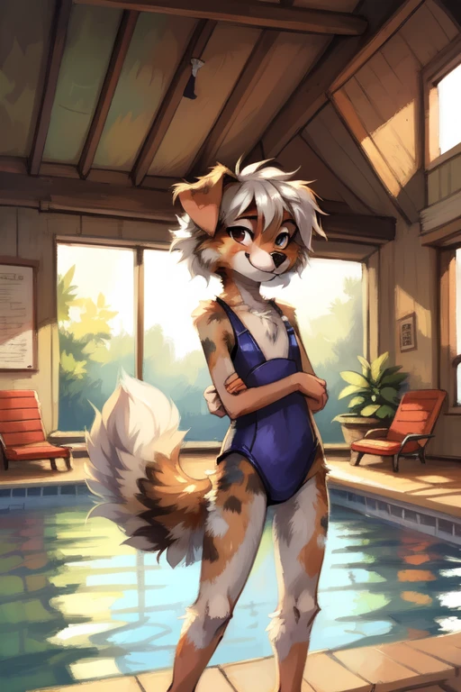 High quality, 8K, by kenket, ((by swaybat, by reysi, by Hioshiru)), Furry, Anthro, solo, ((australian shepard)), ((female)), (slender), ((young)), ((fluffy tail)), floppy ears, ears down, short white hair, small breasts, short, chest fluff, ribs, one piece swimsuit, smug, sneer, erotic, indoor school swimming pool
