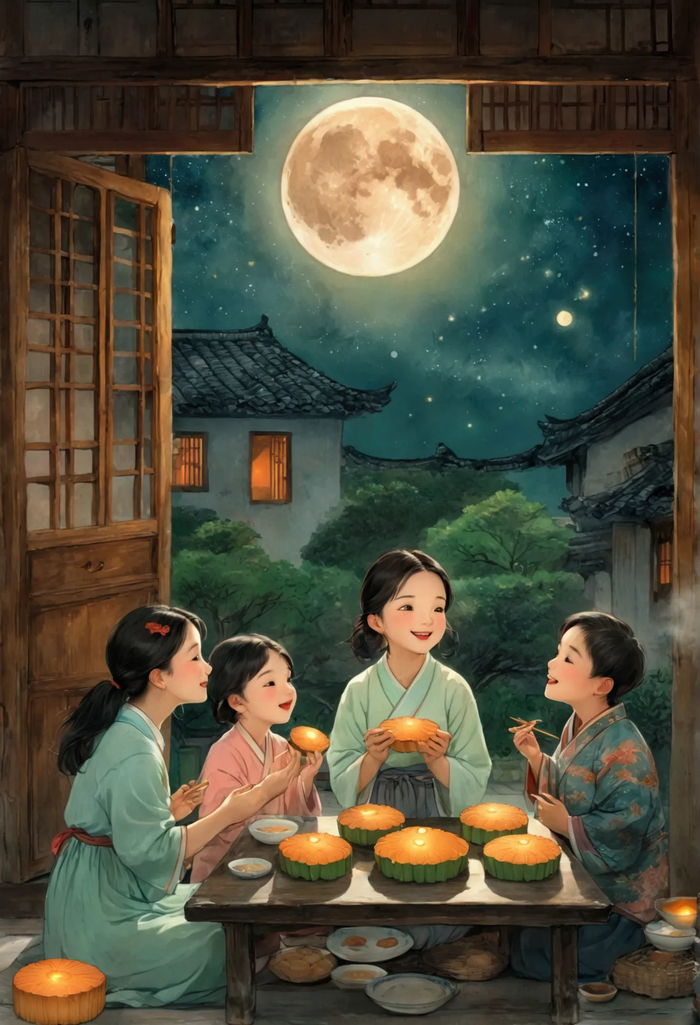 (top quality、8k、masterpiece:1.3)、illustration of a full moon and stars in the sky，the family sits together and eats mooncakes,mo...