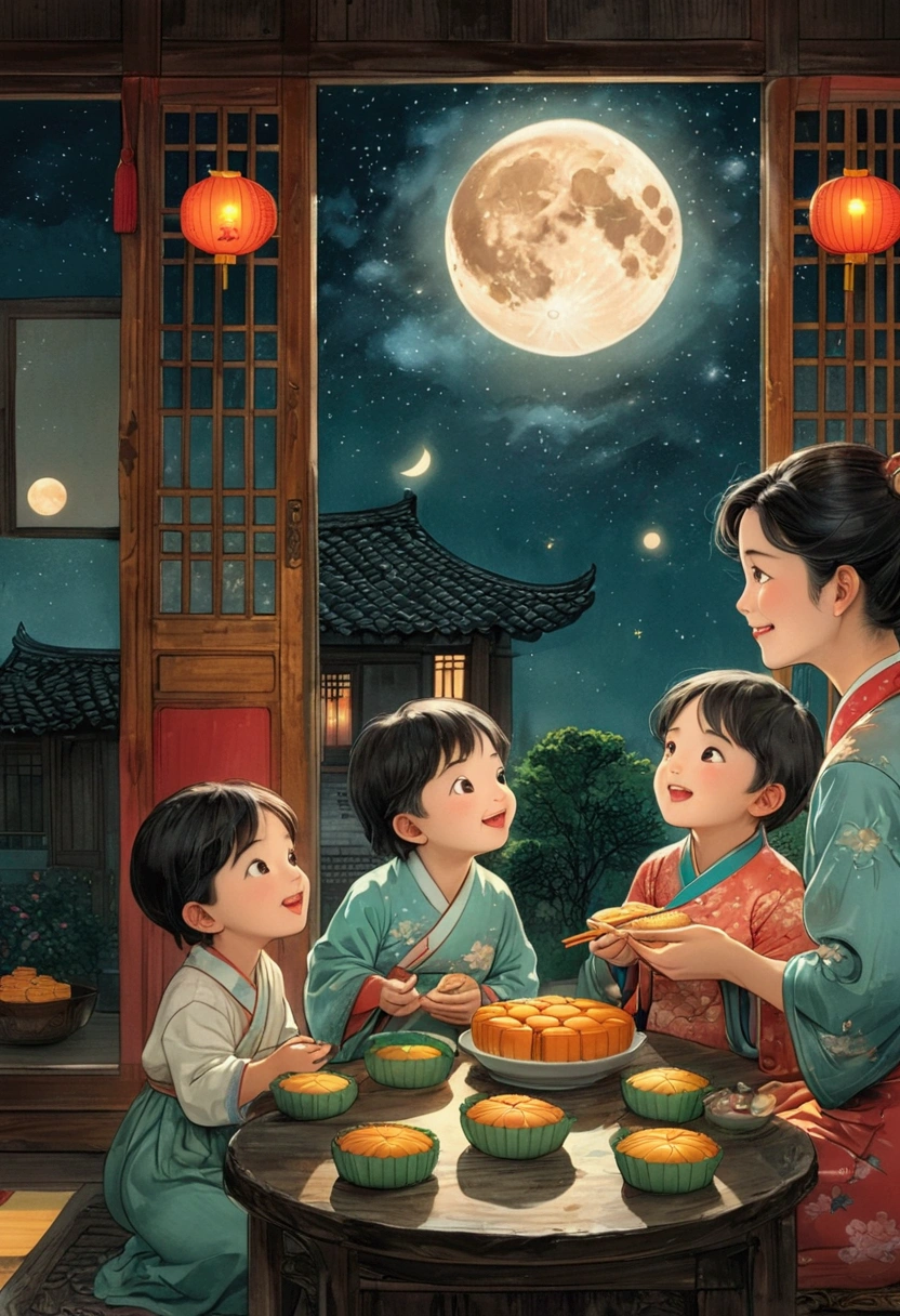 (Top quality、8K、masterpiece:1.3)、Illustration of a full moon and stars in the sky，The family sits together and eats mooncakes,Mom, Dad and children laughing together，Place it in the living room、Bright house scene，Extremely delicate face and skin，Warm scene，Perfect details