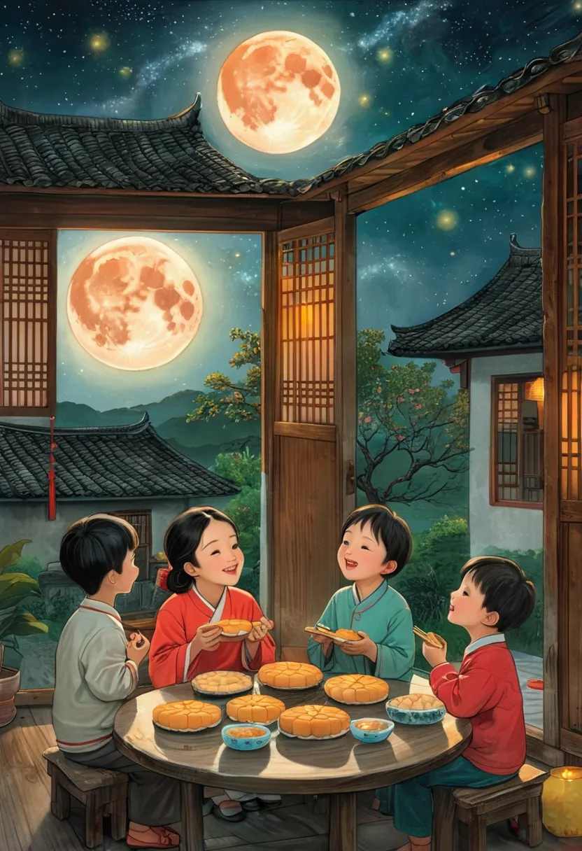 (top quality、8k、masterpiece:1.3)、illustration of a full moon and stars in the sky，the family sits together and eats mooncakes,mo...