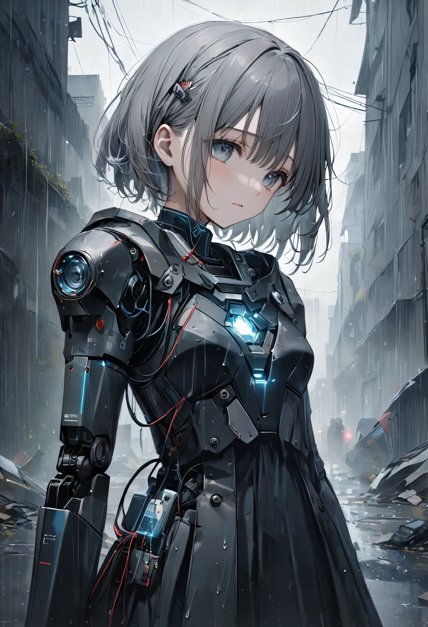 Best Artist,アニメ,(8k, Highest quality)、Ultra-high resolution、Adorable、Highest quality, beautiful, Absurd beauty、masterpiece、Best image quality、Rainy old background,Broken Android,A sad and poignant work,Grey World,An android girl who still believes despite being abandoned by humans,get an electric shock