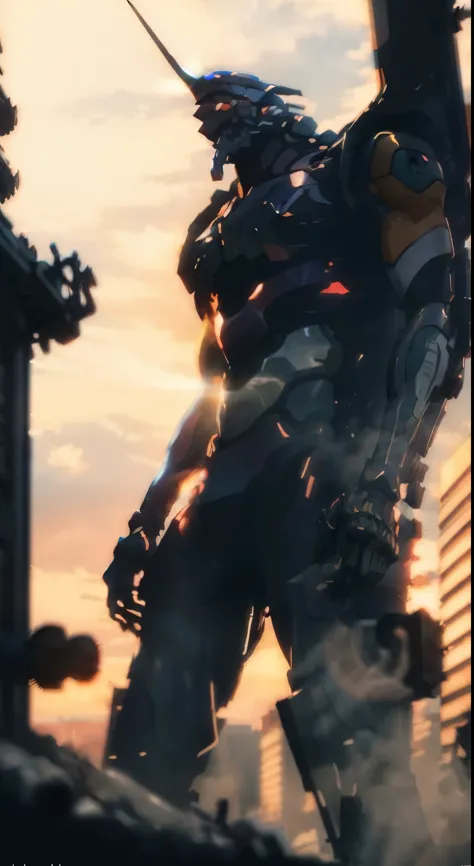 A highly detailed and realistic full body portrait of Eva 01, a biomechanical anime character, walking between Tokyo city buildings, dramatic lighting, cinematic composition, volumetric fog, intricate mechanical details, dynamic pose, shiny metallic textures, background neon-lit cityscape, hyper-detailed, 8K, photorealistic,Eva 01,realistic,full body,walking between buildings,view from below