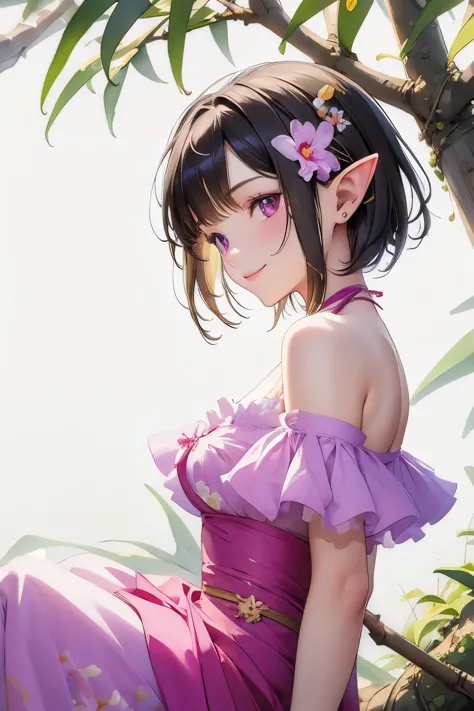 ((cattleya, three flowers, close, whole body, ))、(elf sitting on a tree branch、short hair、a kind smile、small breasts)、soft focus...