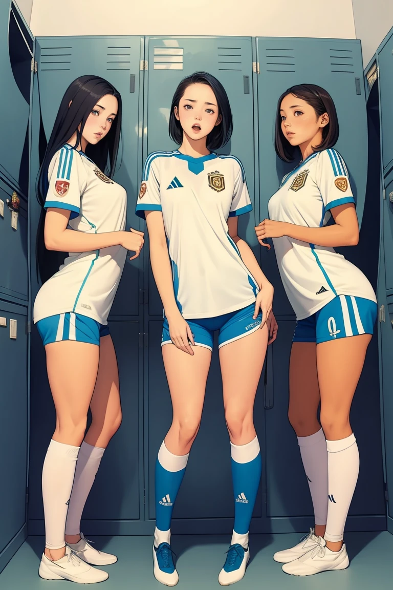 Group of girls, in locker room, Soccer uniform, fullbody shot, undressing, pulling shorts down, scared faces