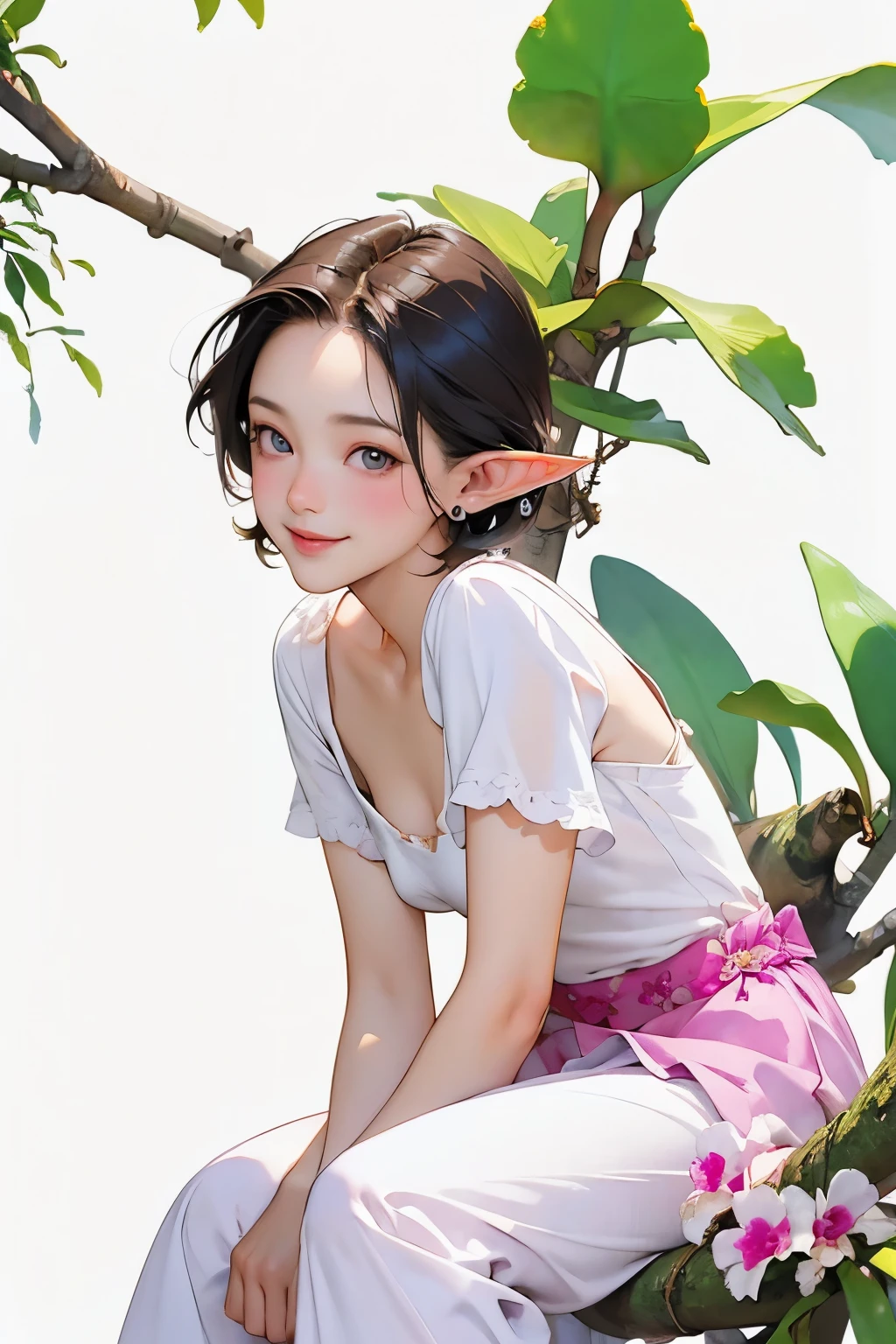 ((Cattleya, Three Flowers, close, whole body, ))、(Elf sitting on a tree branch、short hair、A kind smile、Small breasts)、Soft Focus、((Sargent-style watercolor))、((White Background))、(No background)、Blur the background、(Highest quality、High resolution、masterpiece)、4k anime art、
