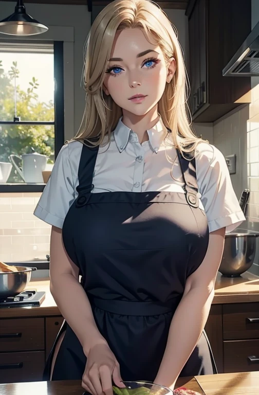 A middle-aged busty blonde housewife wearing an apron, photorealistic, beautiful detailed eyes, beautiful detailed lips, extremely detailed face, long eyelashes, detailed clothing folds, high quality, 8k, hyperdetailed, sharp focus, studio lighting, realistic, warm color palette