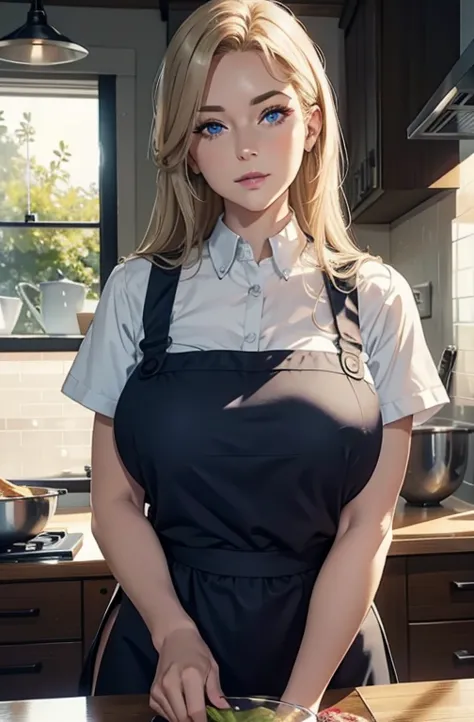 a middle-aged busty blonde housewife wearing an apron, photorealistic, beautiful detailed eyes, beautiful detailed lips, extreme...