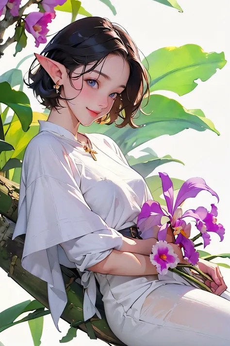 ((cattleya, three flowers, close, whole body, ))、(elf sitting on a tree branch、short hair、a kind smile、small breasts)、soft focus...