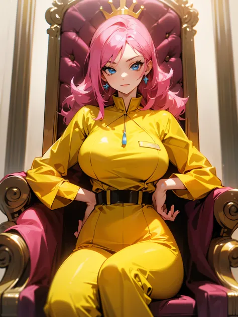 a mature woman , pose de heroi, big pink hair, blue bright eyes, wearing a mustard yellow jumpsuit. pose de heroi, big breasts35 years old, sitting on a royal throne