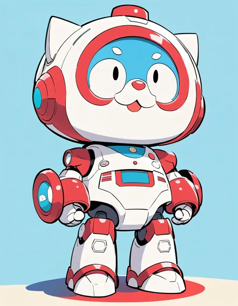 Fictional anime character illustration,A dog-like robot created to rival Doraemon,The robot has a 5-dimensional pocket,Body with red and white as the base color,Anime Style