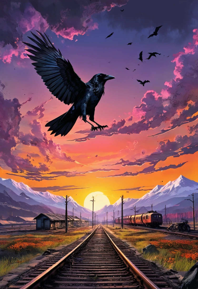 postapokalyptische Umgebung,Eisenbahn, Sonnenuntergang,Helle Farben, Berge,fantastische Landschaft, Skizzenkunst, ein Comic, dunkle botanische,Eine Krähe kreist in der Ferne am Himmel, 