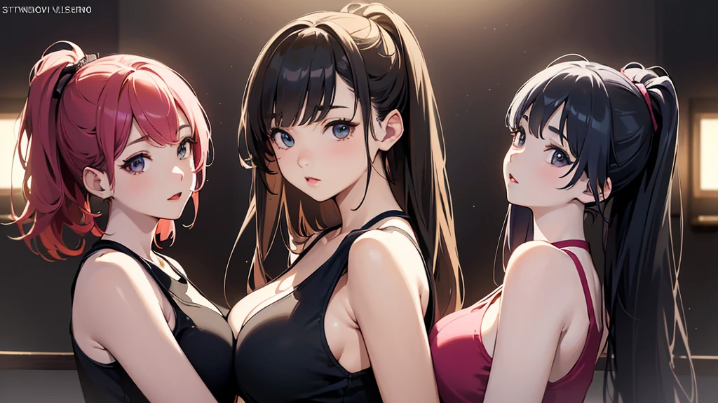 Album cover、masterpiece, Highest quality, Three Girls、Hugging portraits、K-POP ,Girls group,Tank top、Idol、8k,High resolution, ( Light_Styler:1.2)(Rainbow:1.2),(Excellent rendering, Stand out in the same class), (Amazing details, Excellent lighting, Wide-angle), Big Breasts(0.6), Detailed Background、Ultra-detailed details、