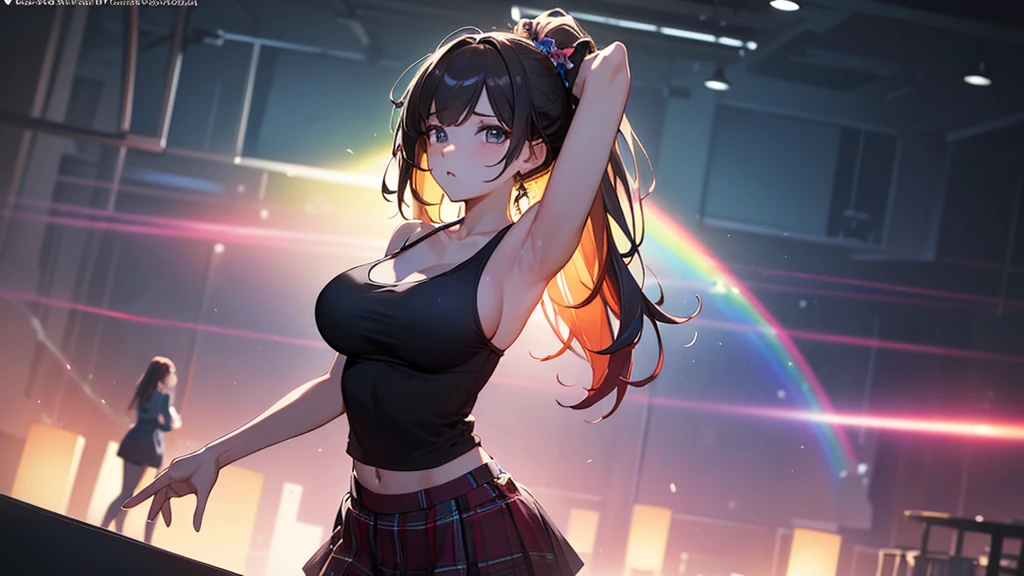 Album cover、masterpiece, Highest quality, Three Girls、Hugging portraits、K-POP ,Girls group,Tank top、Idol、8k,High resolution, ( Light_Styler:1.2)(Rainbow:1.2),(Excellent rendering, Stand out in the same class), (Amazing details, Excellent lighting, Wide-angle), Big Breasts(0.6), Detailed Background、Ultra-detailed details、