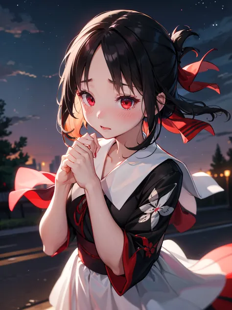 、take off、acme face、random pause、black hair、browsing caution、yukata、black hair、red ribbon、pale red eyes、summer festival、night sk...