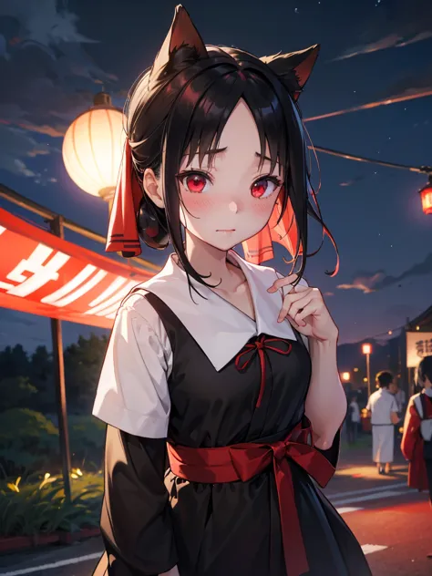 、take off、acme face、random pause、black hair、browsing caution、yukata、black hair、red ribbon、pale red eyes、summer festival、night sk...