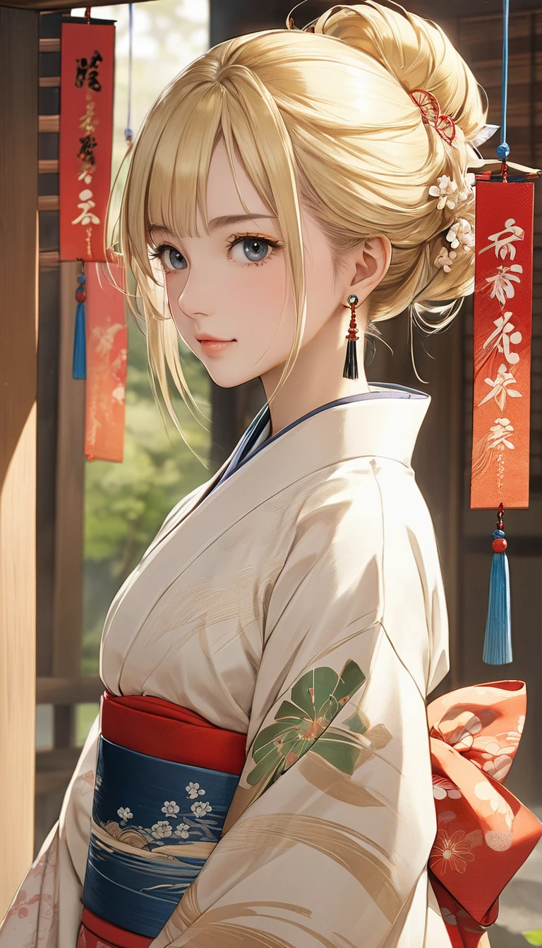 (masterpiece, Highest quality:1.2), One girl, alone,bony body、15 years old、Earrings、Blonde、Edo Period、Hanafuda style