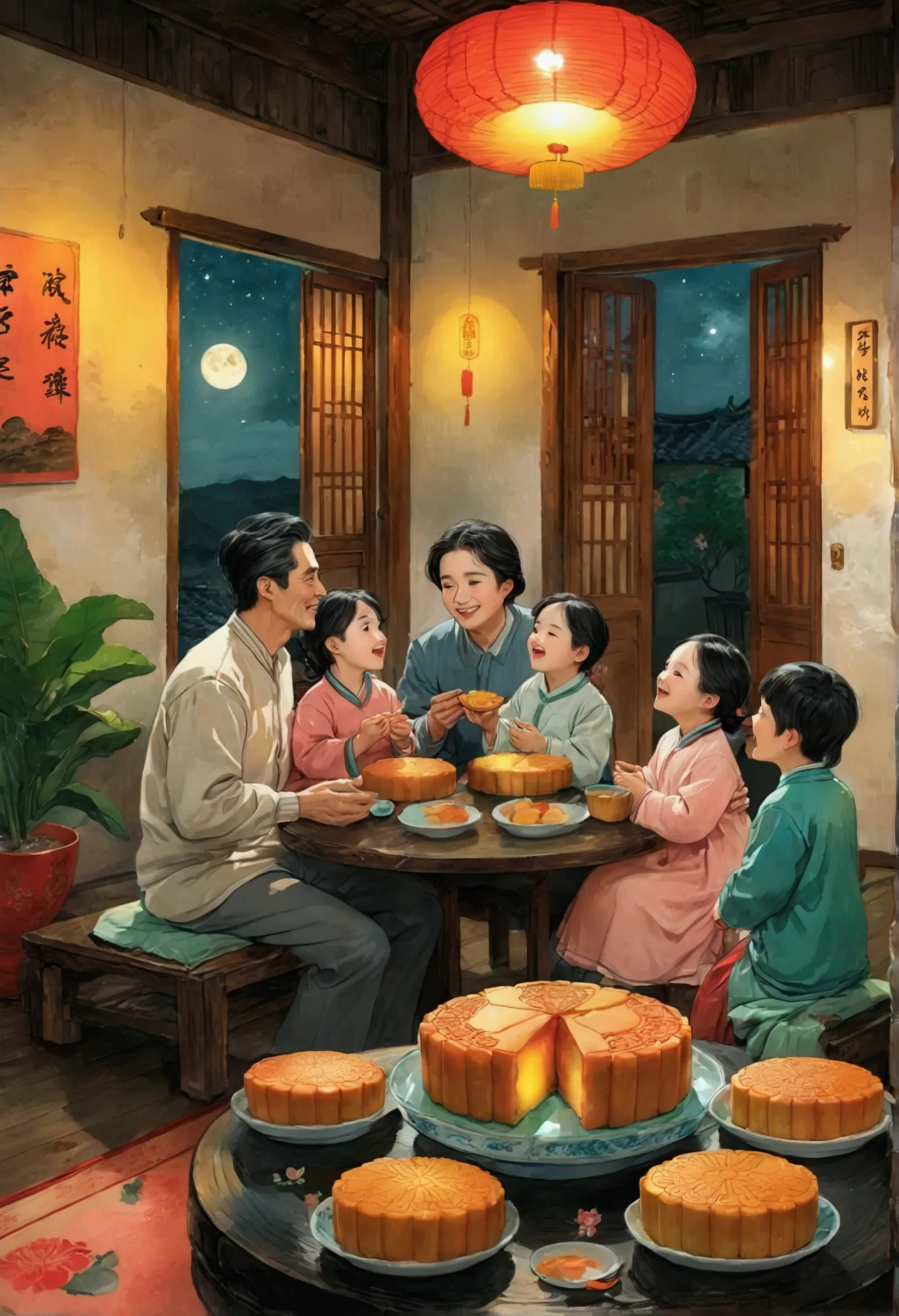 (top quality、8k、masterpiece:1.3)、the family sits together and eats mooncakes,mom, dad and children laughing together，place it in...