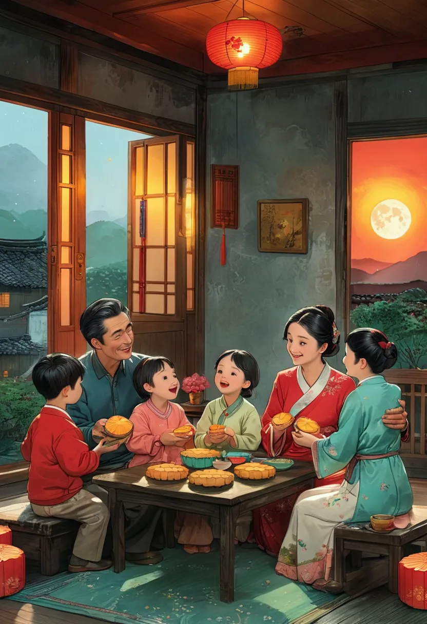 (top quality、8k、masterpiece:1.3)、the family sits together and eats mooncakes,mom, dad and children laughing together，place it in...