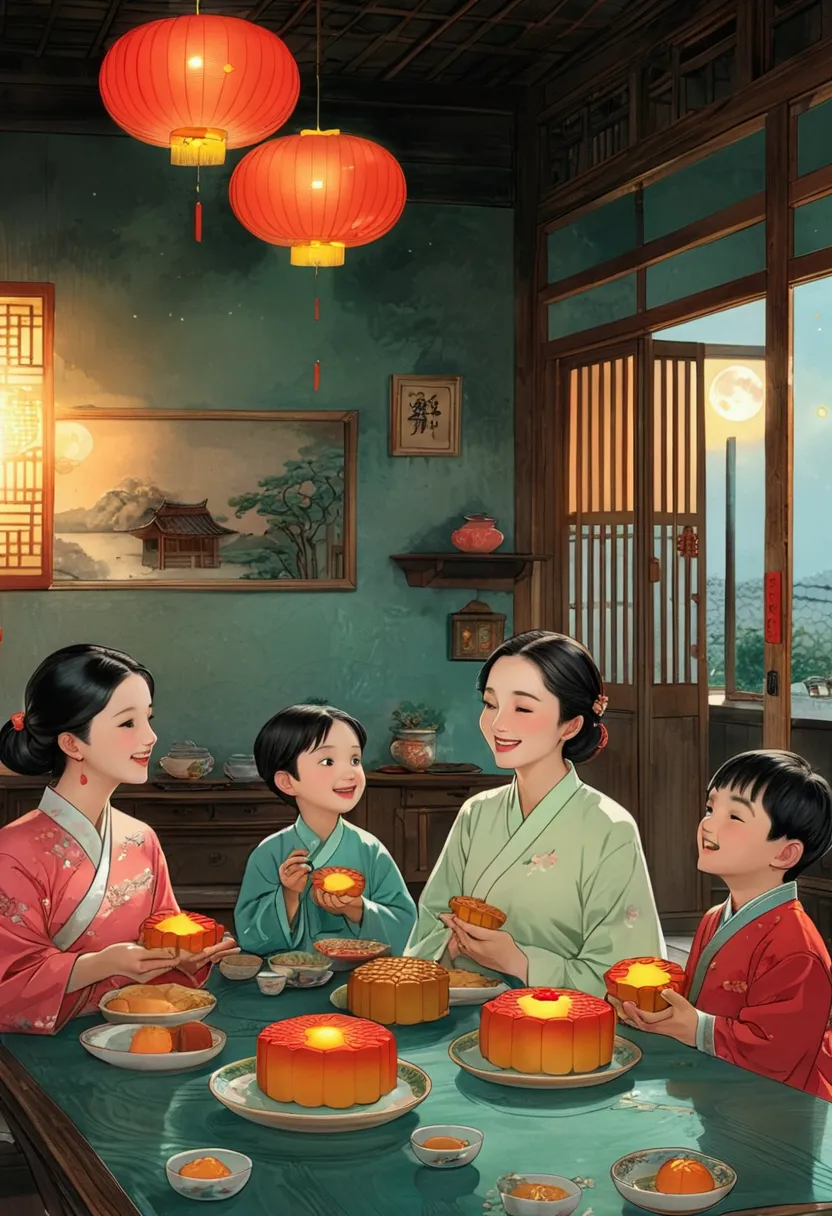 (top quality、8k、masterpiece:1.3)、the family sits together and eats mooncakes,mom, dad and children laughing together，place it in...