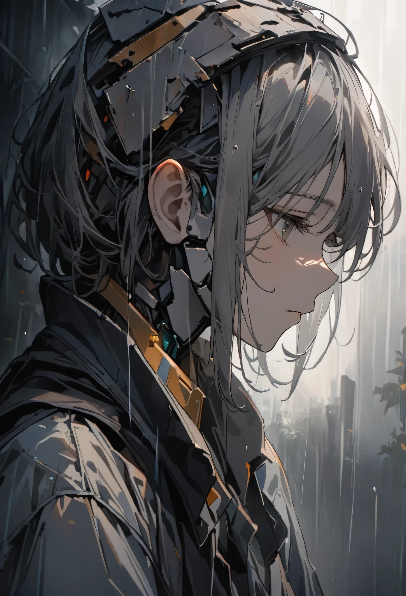 (8k, Highest quality)、Ultra-high resolution、Adorable、Highest quality, beautiful, Absurd beauty、masterpiece、Best image quality、Rainy old background,Broken Android,A sad and poignant work,Grey World,An android girl who still believes despite being abandoned by humans.close-up,Face down,profile,cute,((Hand stroking the head)),Sunshine pours in